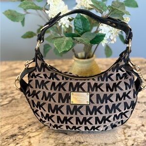 Michael Kors MK Logo Jacquard Small Hobo Shoulder Bag Black & Beige